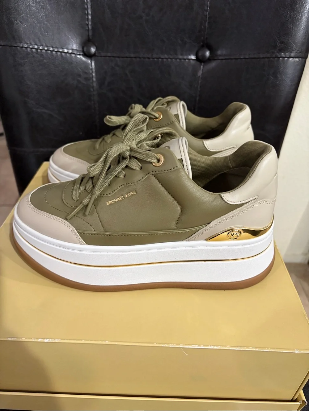 MICHAEL Michael Kors Hayes Lace Up Leather Platform Sneakers Green Beige White